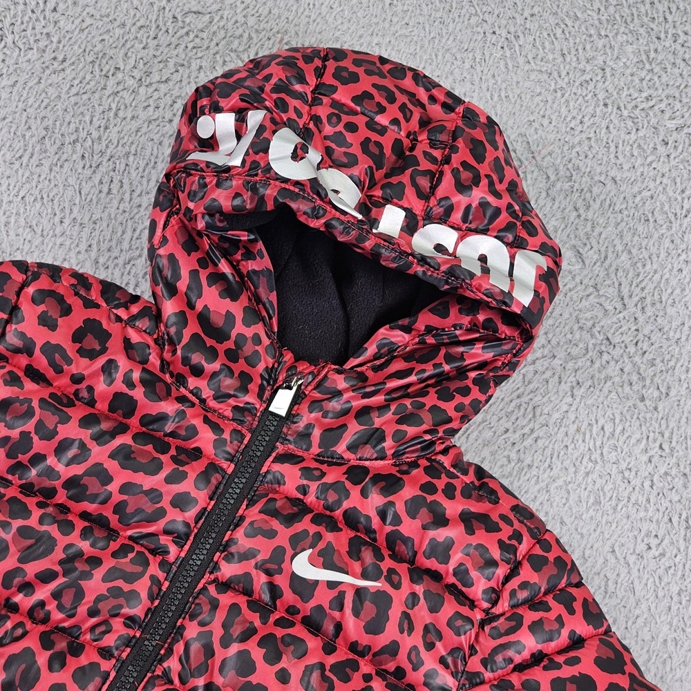 Nike‎ Puffer Jacket Girls 5-6 Red Leopard Print Hooded Insulated Just Do It